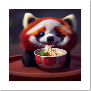 Kawaii Red Panda Eating Ramen Posters and Art